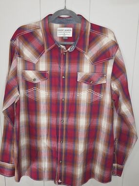 Cody James Red Tan And Cream Plaid Western Shirt Size Xl. Pearl Snaps. Cowboy